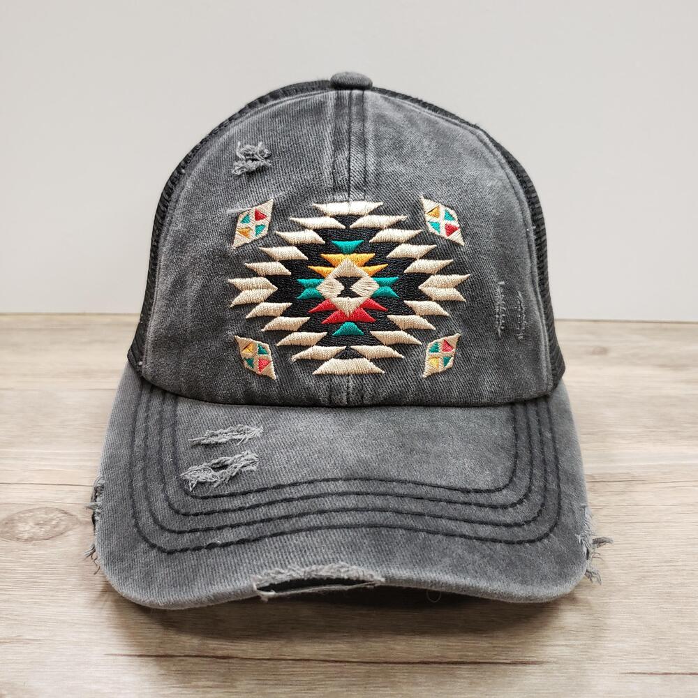 C.C Exclusives Hat Cap Strap Back One Size Gray Trucker Aztec Womens Pony Tail